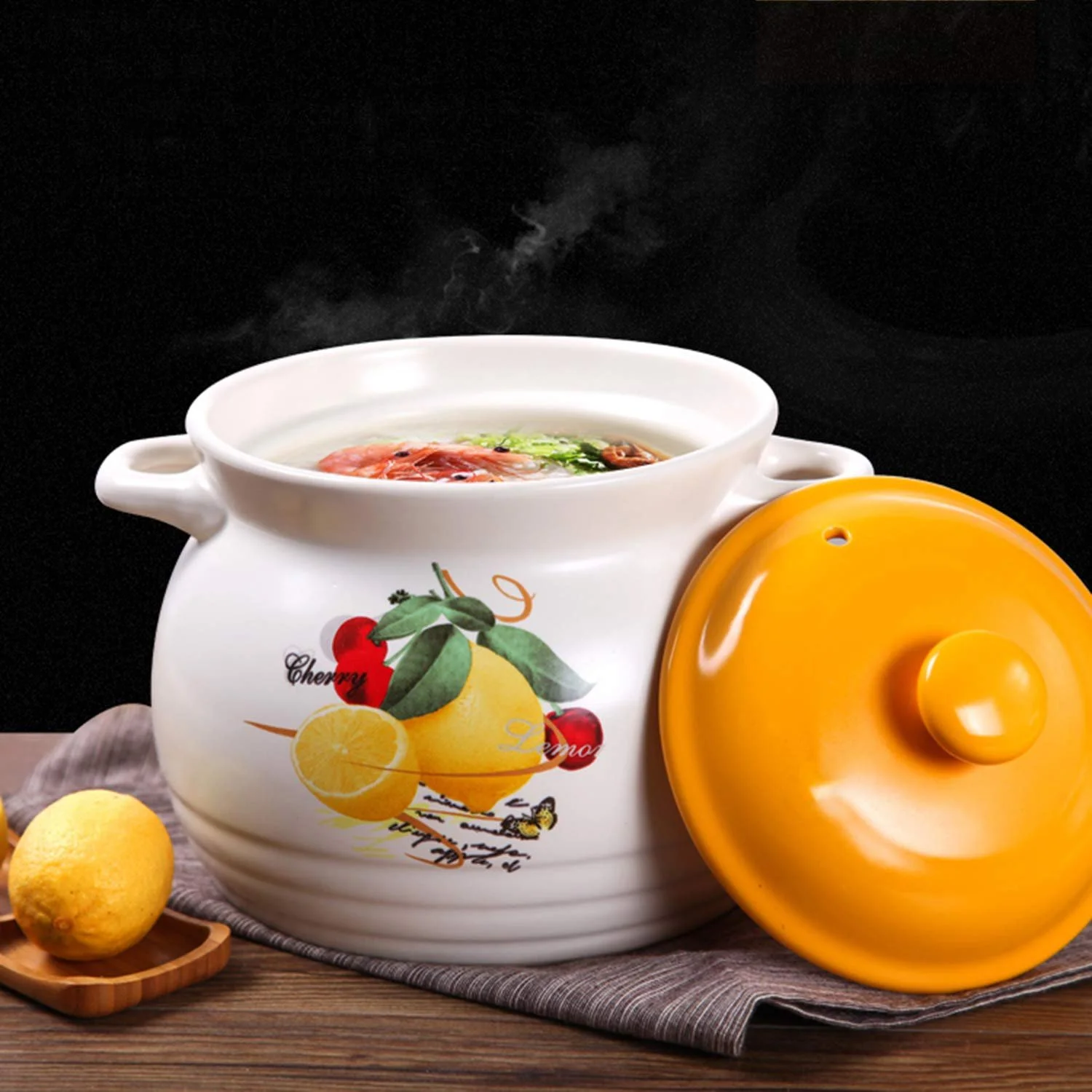 Каструля AIBAB керамічна жаростійка 4600 мл, глазурована, для відкритого вогню, біла лимон, фото №3 Каструля AIBAB керамічна жаростійка 4600 мл, глазурована, для відкритого вогню, біла лимон, фото №3