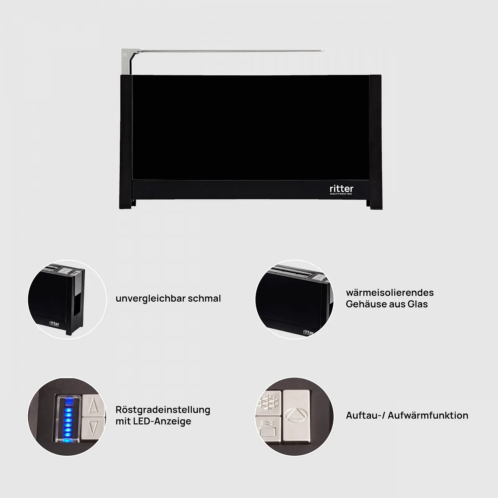 Тостер з довгим слотом ritter volcano 5 з насадкою для булочок, надзвичайно тонкий, зроблено в Німеччині, чорний, фото №3