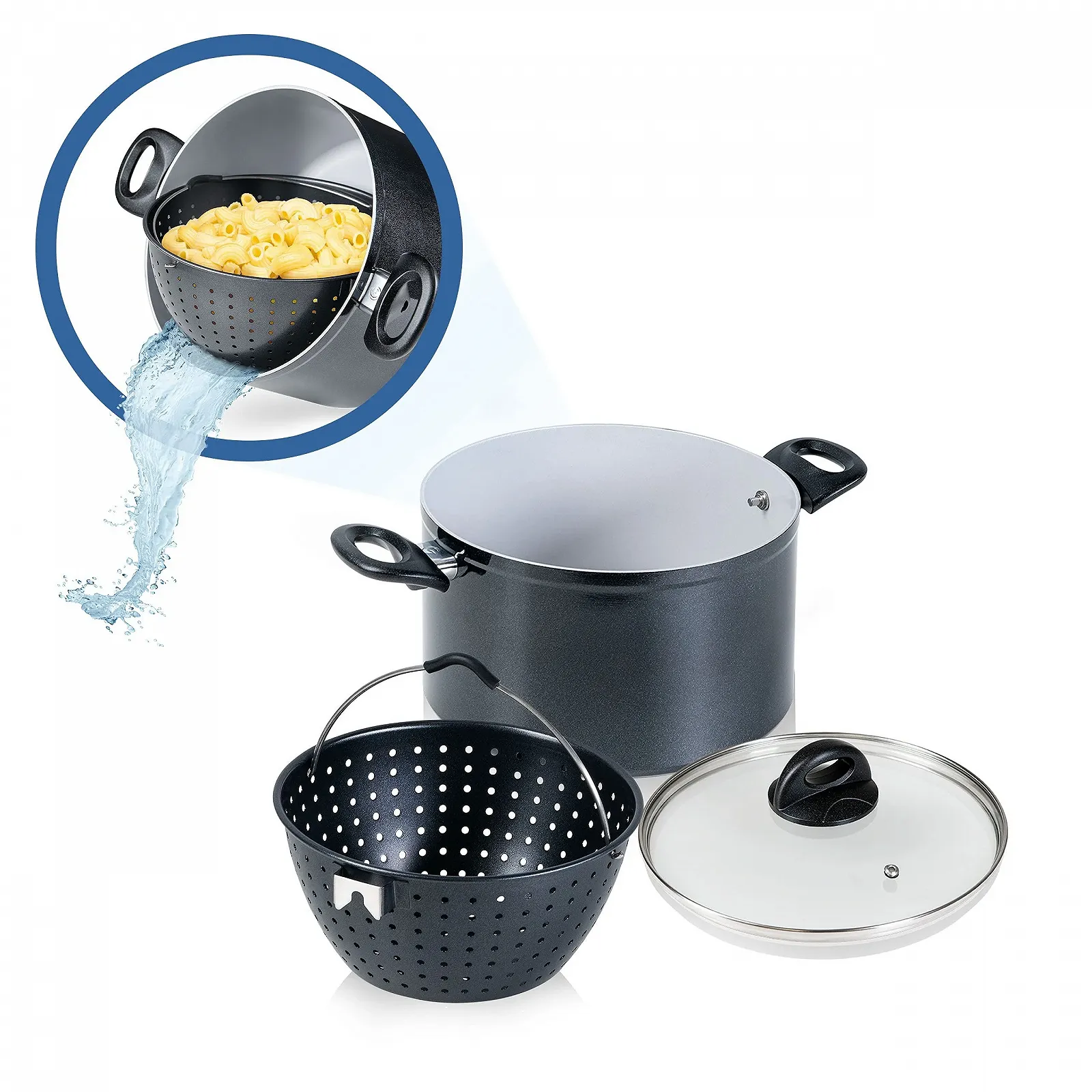 Каструля Genius Cerafit Magic Pot 24 см 6.4 л з вставкою-друшляком та скляною кришкою, чорна, фото №1