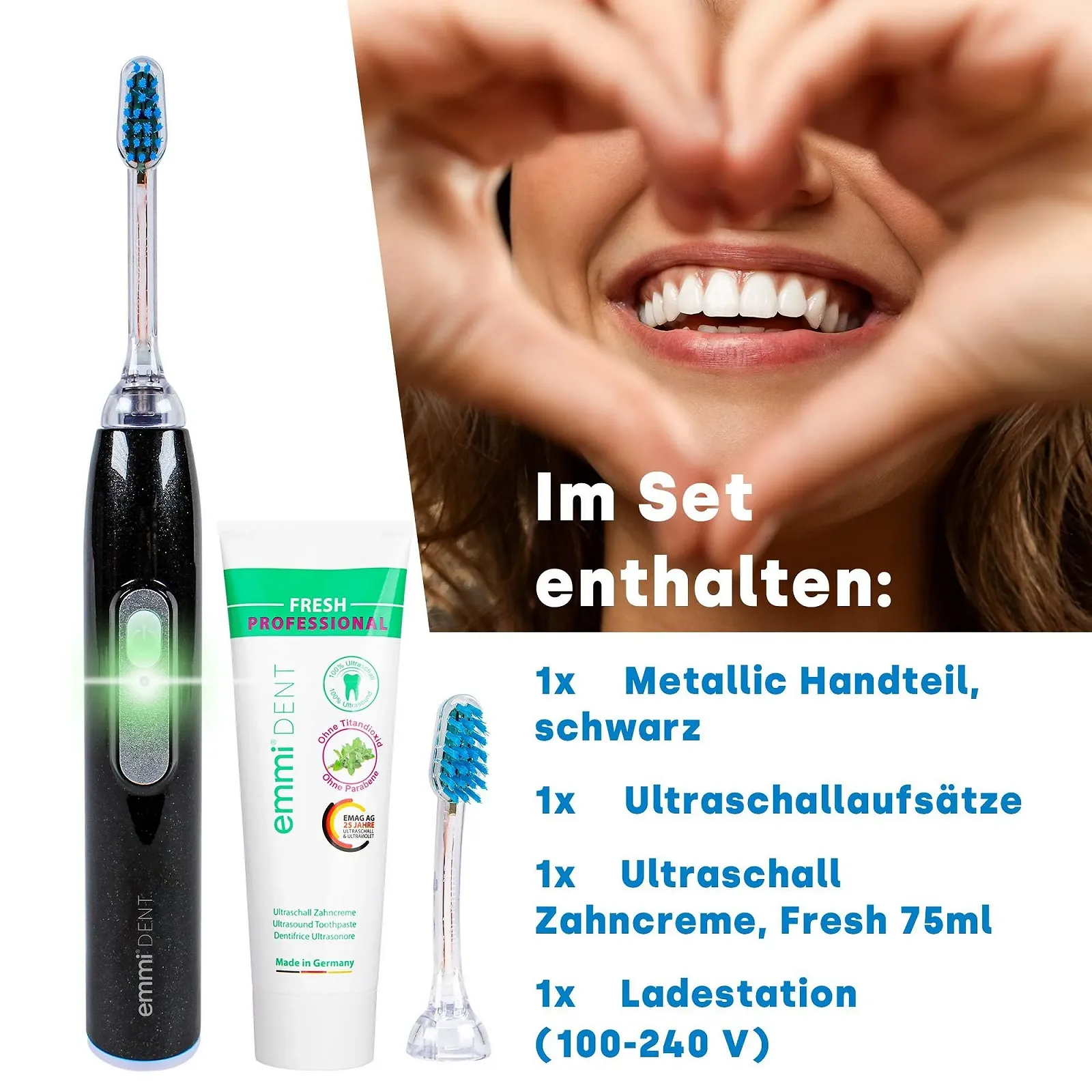 Ультразвуковая зубная щетка emmi-dent Metallic Black Diamond 96 миллионов вибраций Дорожная с зубной пастой Черный металлик, фото №6