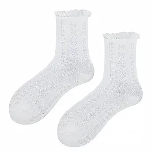 Носки с рюшами White - Хлопковые кружевные носки с ажурным узором для женщин и девочек, белые - Фото 1