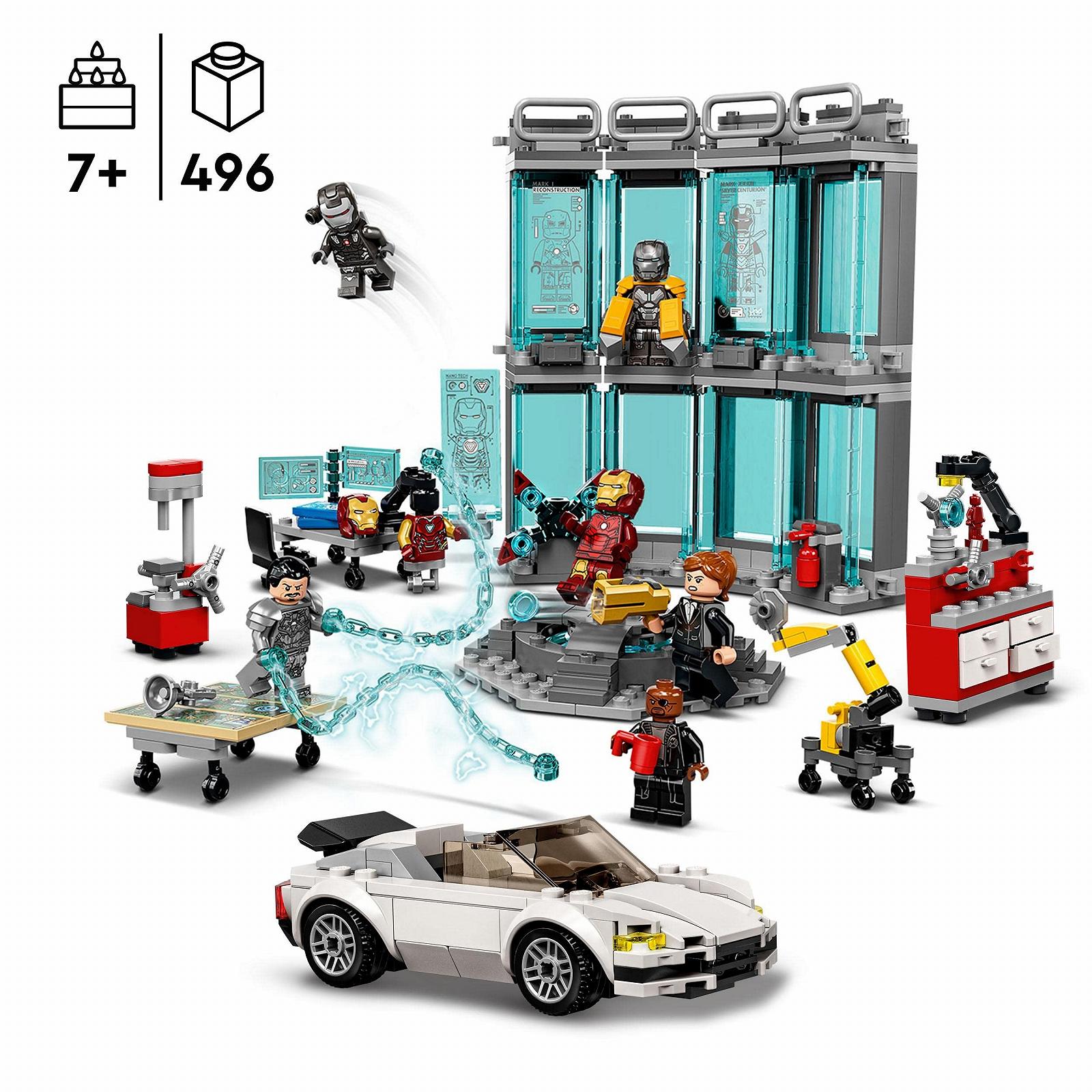 Конструктор LEGO Marvel 76216 Мастерская Железного Человека с 3 боевыми костюмами, игрушечной машиной и роботом, фото №2