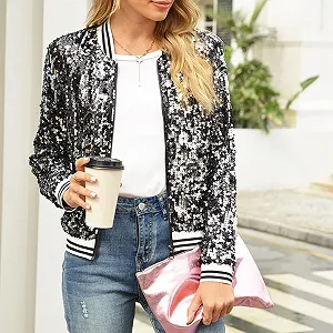 Блискуча куртка з довгими рукавами на блискавці з блискітками ціна на synthetic.ua - Фото 1 Блискуча куртка з довгими рукавами на блискавці з блискітками synthetic.ua - Фото 1