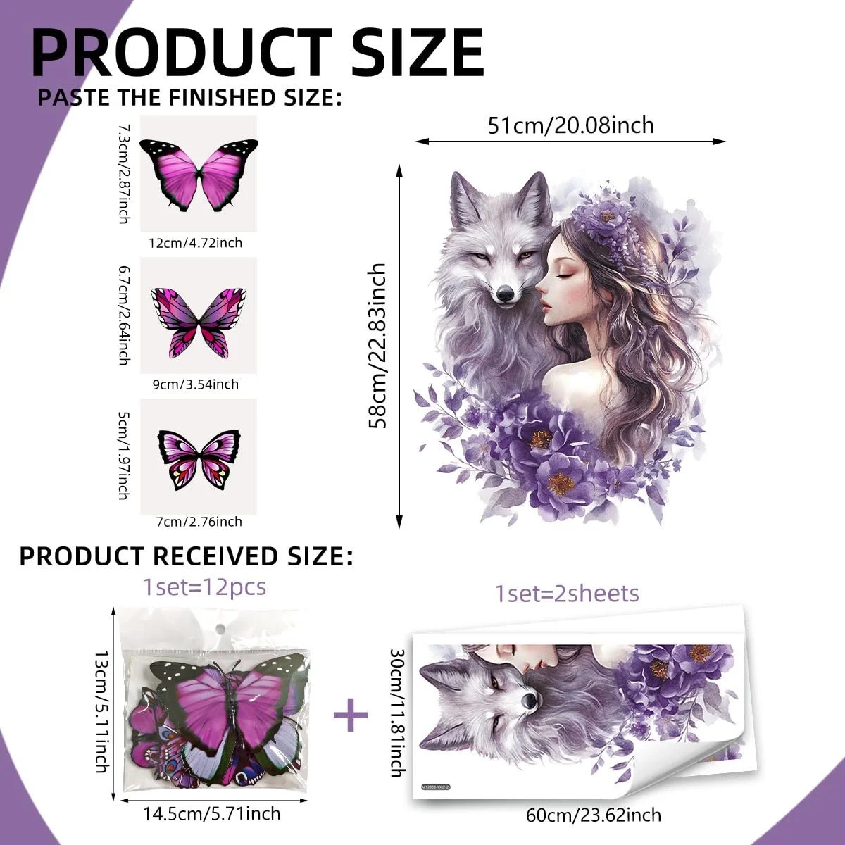 Наклейка на стіну Runtoo Вовк з 3D-метеликами та квітами для дитячої, фото №4