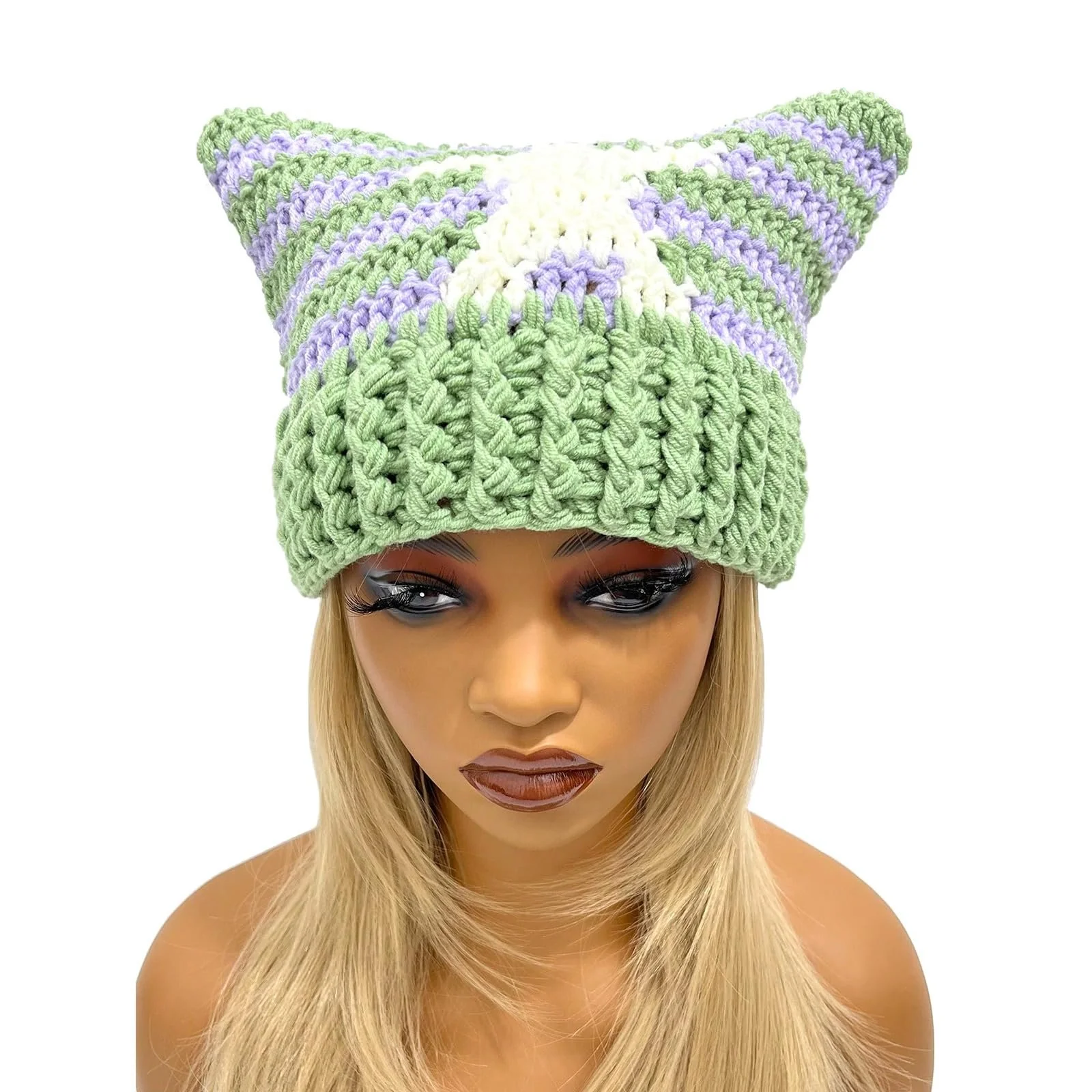 Шапка в смужку з зіркою Ldabrye для дівчат Y2K з вушками та помпоном, фото №1