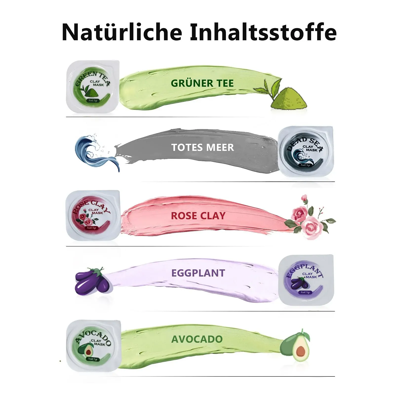 Маска для лица Liillya Целебная земля, Дорожный размер: Мертвое море, Зеленый чай, Роза, Авокадо, Баклажан, Очищение пор лица, Набор масок для ухода за кожей, От черных точек, Акне, Прыщей и контроля жирности, 50 г, фото №3