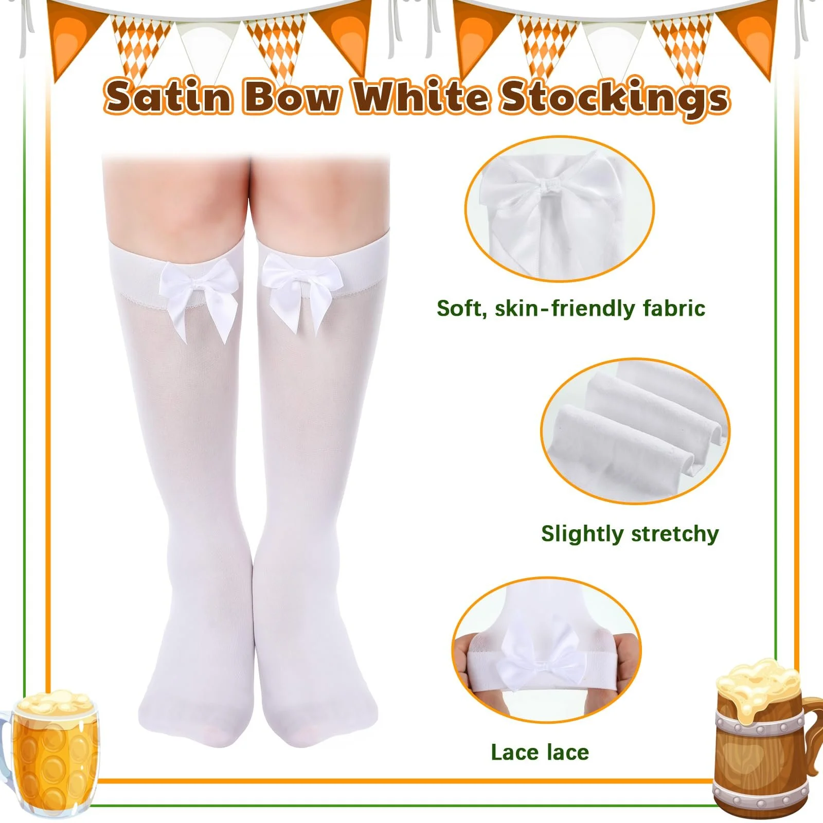 Sintege 2 пары костюмных носков женских Дирндль чулки с бантами и кружевной отделкой Белые костюмные гольфы выше колен, фото №2 Sintege 2 пары костюмных носков женских Дирндль чулки с бантами и кружевной отделкой Белые костюмные гольфы выше колен, фото №2