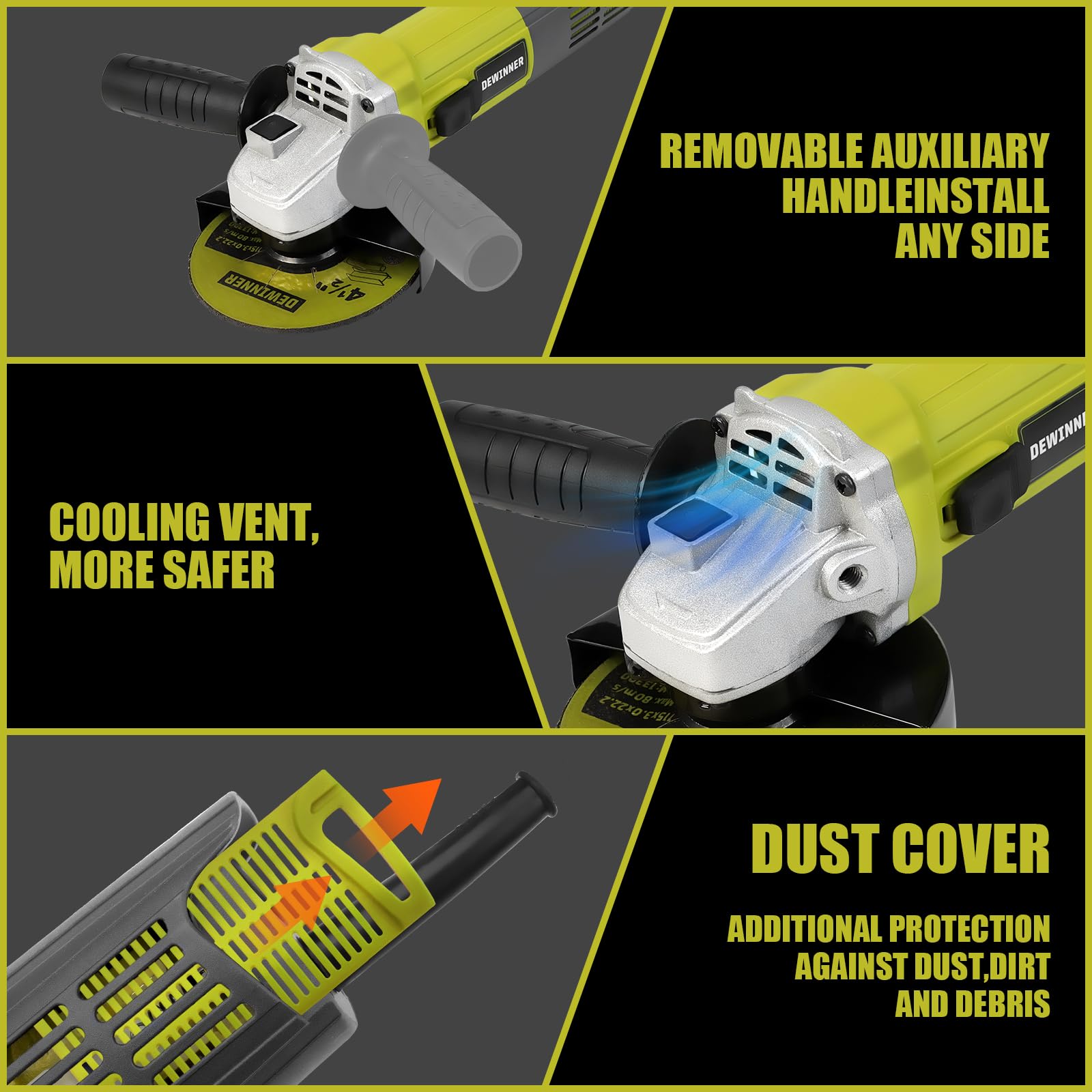 Кутова шліфувальна машина DEWINNER 850W 6 Дисків 115mm Захисний чохол з додатковою ручкою, фото №5