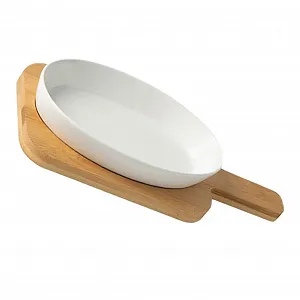 Форма для запікання керамічна Овальна з дерев'яною підставкою, екстра товста, термостійка - Фото 1