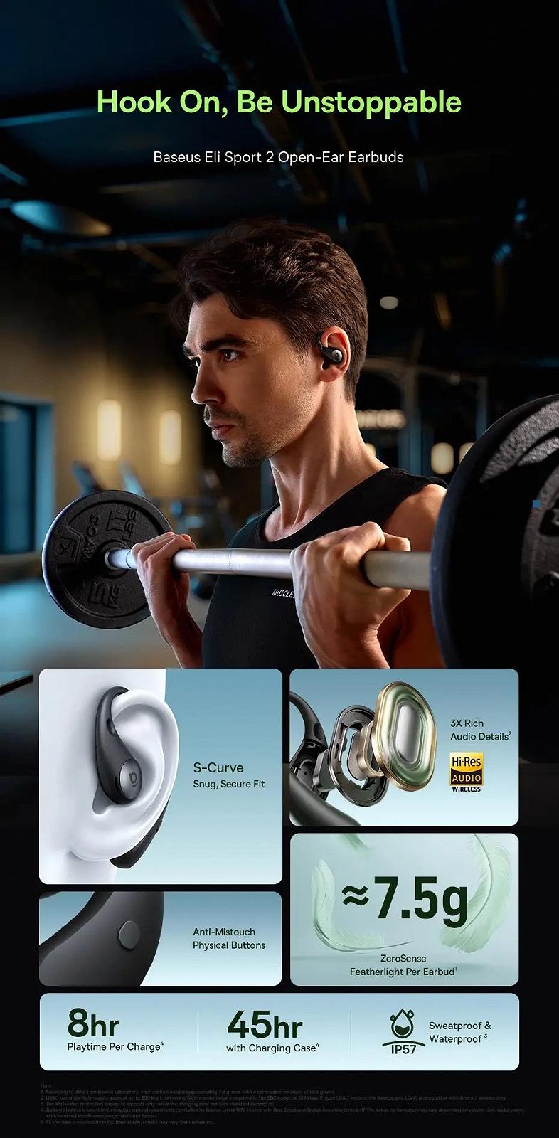 Навушники Baseus Eli Sport 2 Open-Ear True Wireless Earbuds Black, фото №11