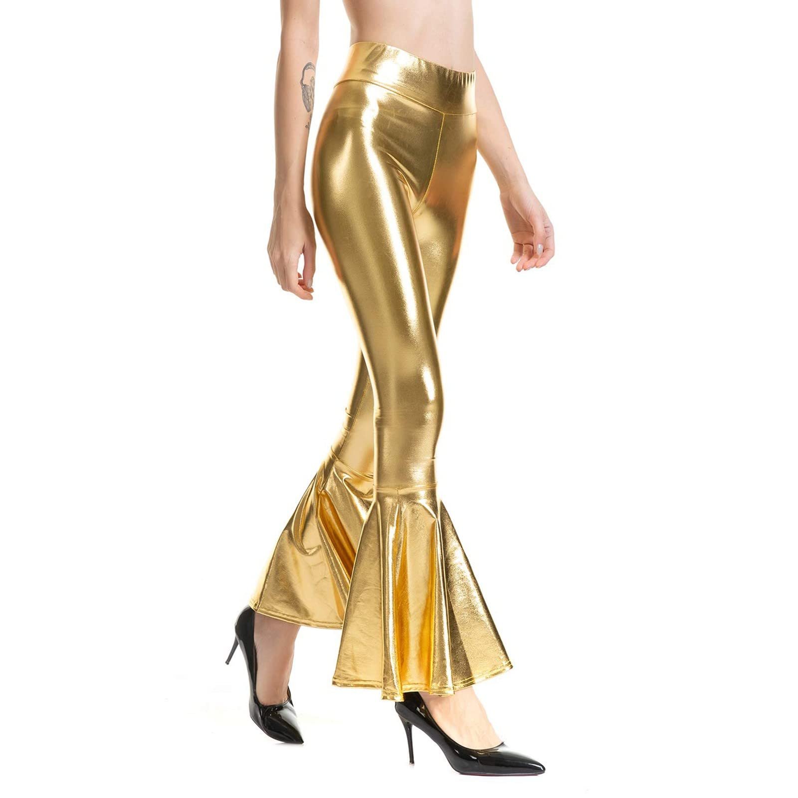 Жіночі блискучі кльош з високою талією Sexy Metallic Leggings Срібні легінси Hippie 70-х Glitzer Довгі Wet Look еластичні танцювальні Для вечірки танцювальної дискотеки клубного одягу карнавальний костюм, фото №2