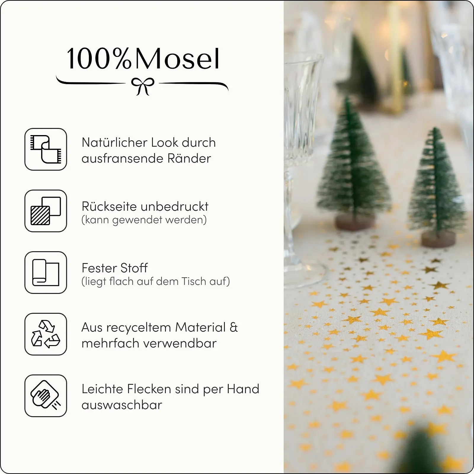 Скатертина-доріжка 100%Mosel під льон із золотистими зірками 28 см x 5 м Натуральний/Золотий, фото №6