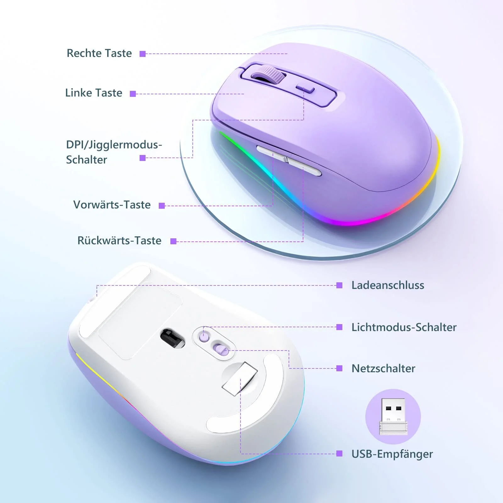 Мышь беспроводная Seenda LED, перезаряжаемая, с функцией Mouse Jiggler, тихая, 2.4G USB, для ноутбука, компьютера, DPI 2000, фиолетовая, фото №6