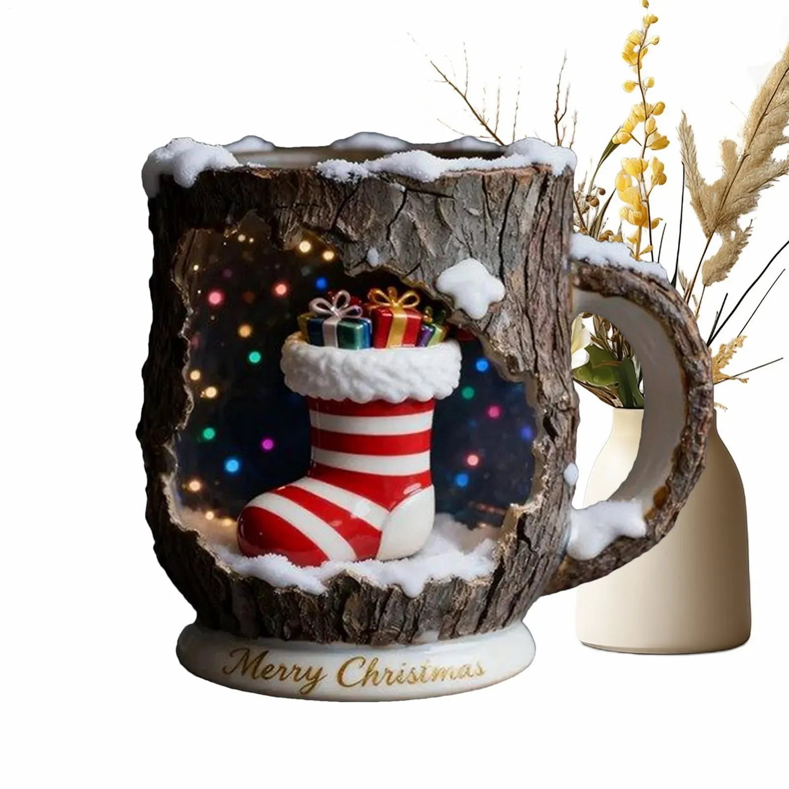 Кружка Різдвяна, структура кора дерев, святкова, з дизайном ялинки, фото №1