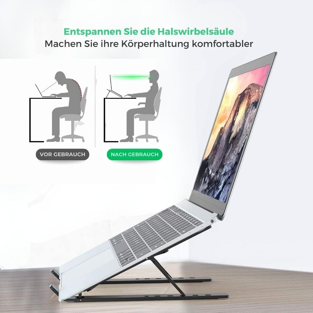 Функциональная Подставка для Ноутбука MacBook Pro/Air, HP, Sony, Dell & Все 10 - 15.6 Дюймовые Ноутбуки & Планшетные ПК, Многоуровневая Регулируемая Высота, Вентилируемая Открытая Алюминиевая Рама, Складная, Защитный Чехол, Черная, фото №3