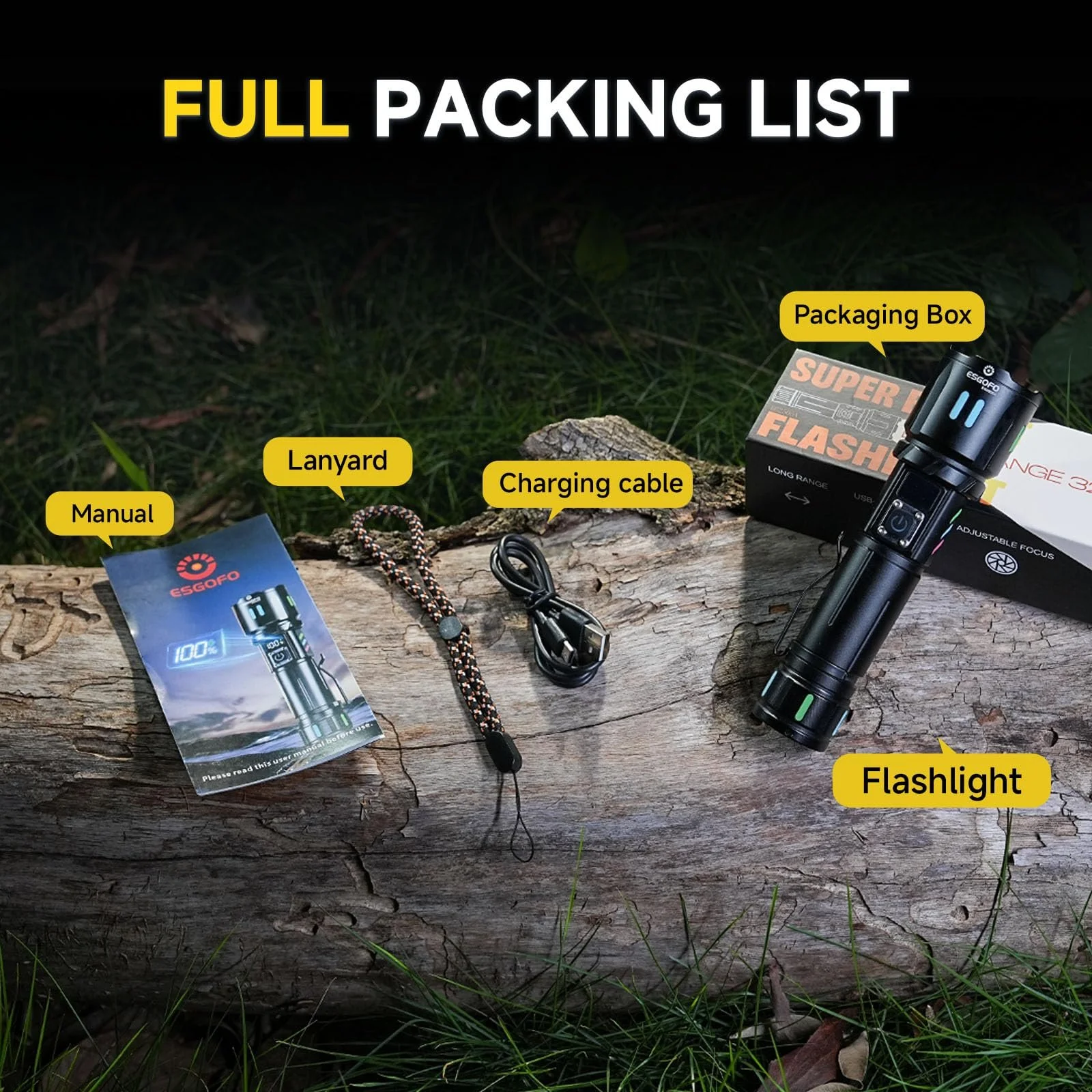 Ліхтар Esgofo LED Перезаряджуваний Надзвичайно Яскравий 1000000 Люменів, Дуже Яскравий Довготривалий 15 Годин USB C Далекобійний 1000 м, Регульований Фокус та Режими Освітлення для Зовнішньої Безпеки, фото №8