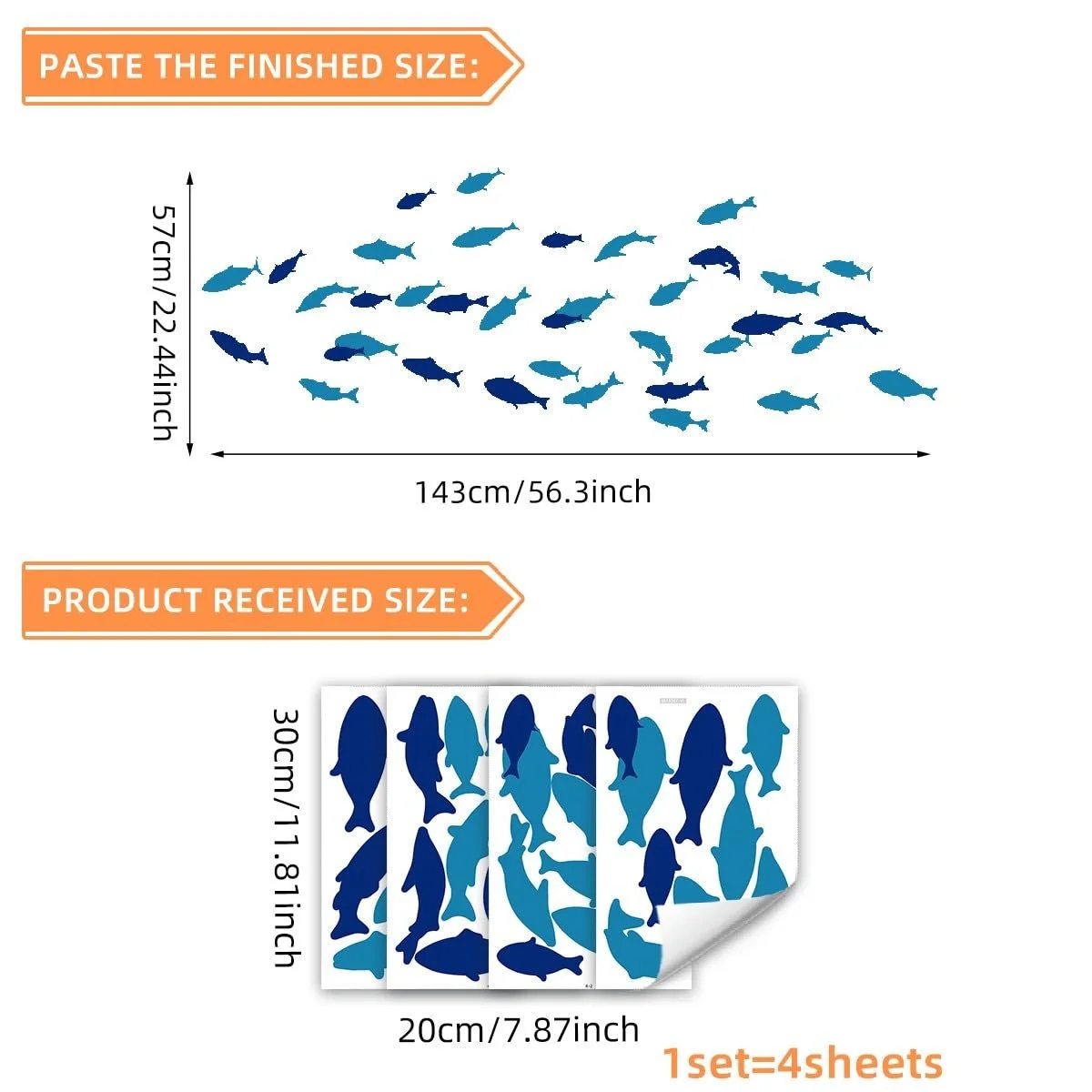 Набор наклеек на стену Fish 143 x 57 см Синий, фото №4