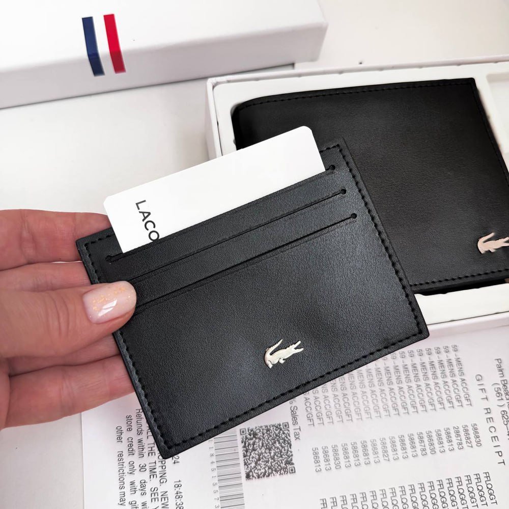 Чоловіче брендовий гаманець із натуральної шкіри Lacoste чорний в подарунковій коробці з картхолдером, фото №8