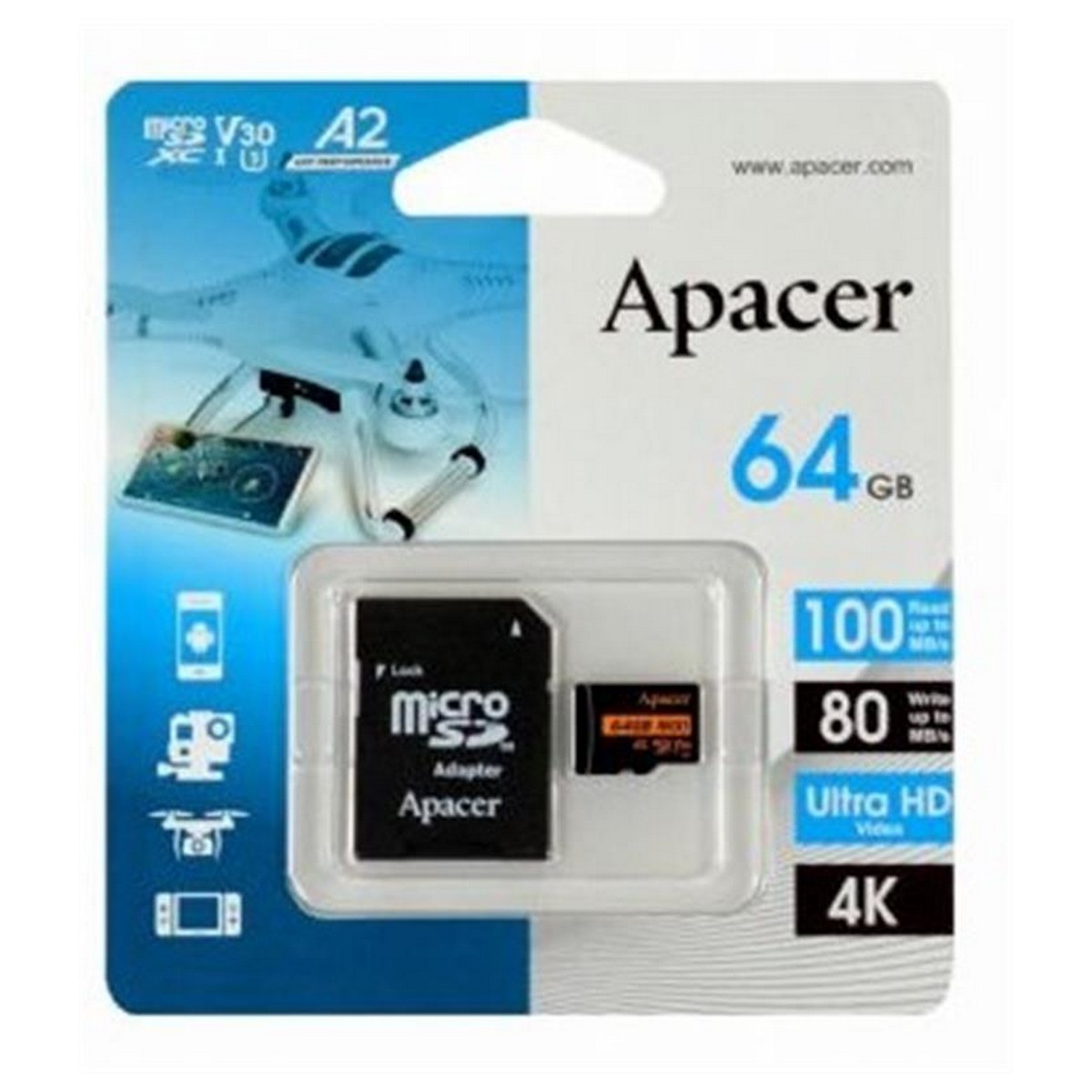 Карта пам'яті MicroSDXC 64GB UHS-I/U3 Class 10 Apacer (AP64GMCSX10U8-R) SD адаптер, фото №3