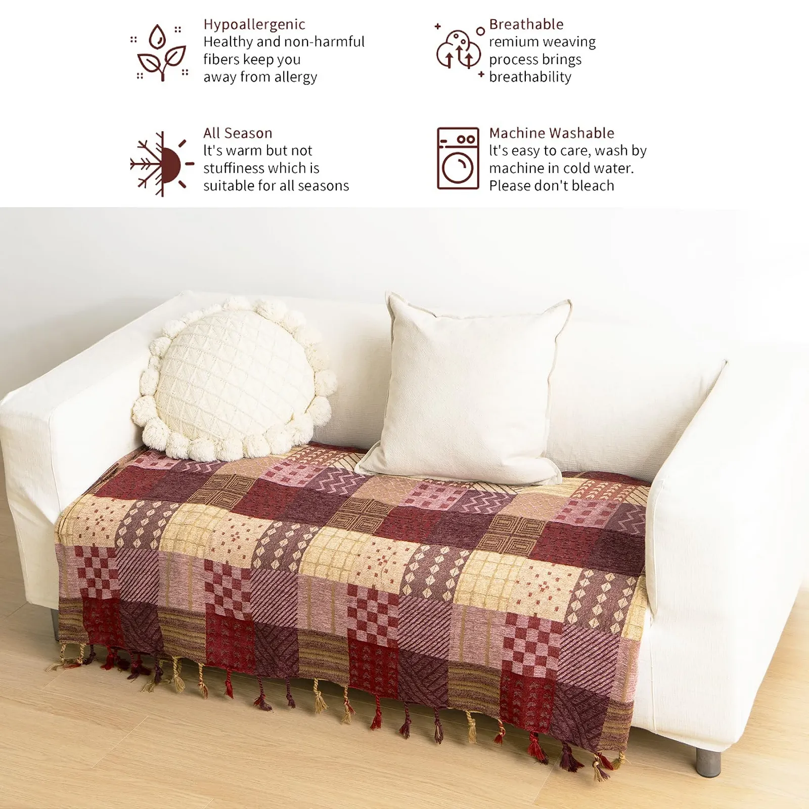 Покрывало VANJOROY Богемный стиль Большое лоскутное одеяло с кисточками для 2 3-местного дивана 100% Мягкий многофункциональный коврик для кровати из синели (220x260см), фото №4