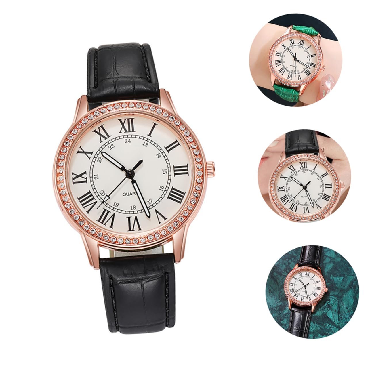 Женские часы Healvian Кварцевые часы с кристаллами с черным кожаным ремешком, фото №8 Женские часы Healvian Кварцевые часы с кристаллами с черным кожаным ремешком, фото №8