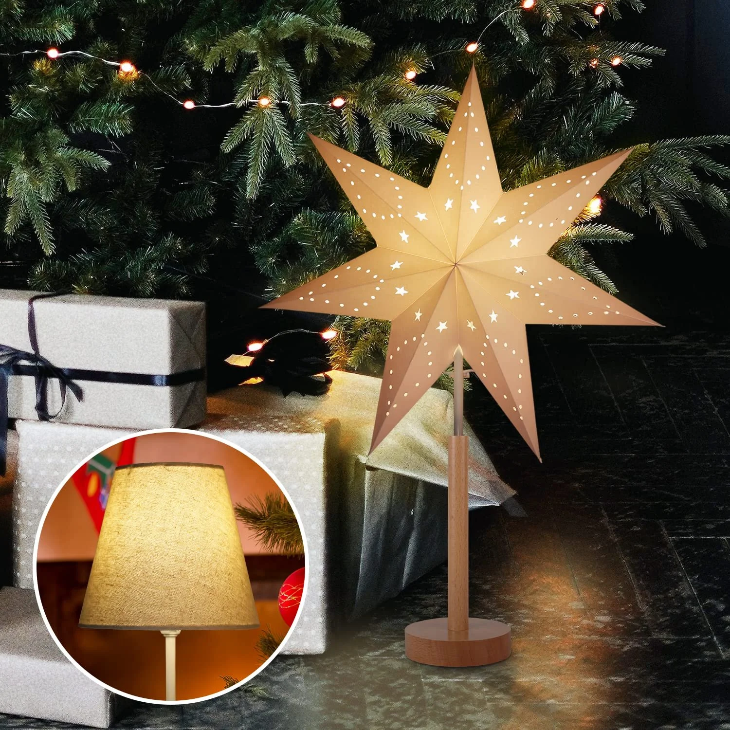 Настільна лампа SALCAR LED Christmas Star 3D Advent Paper Star Wooden Base E14 45 cm White, фото №1