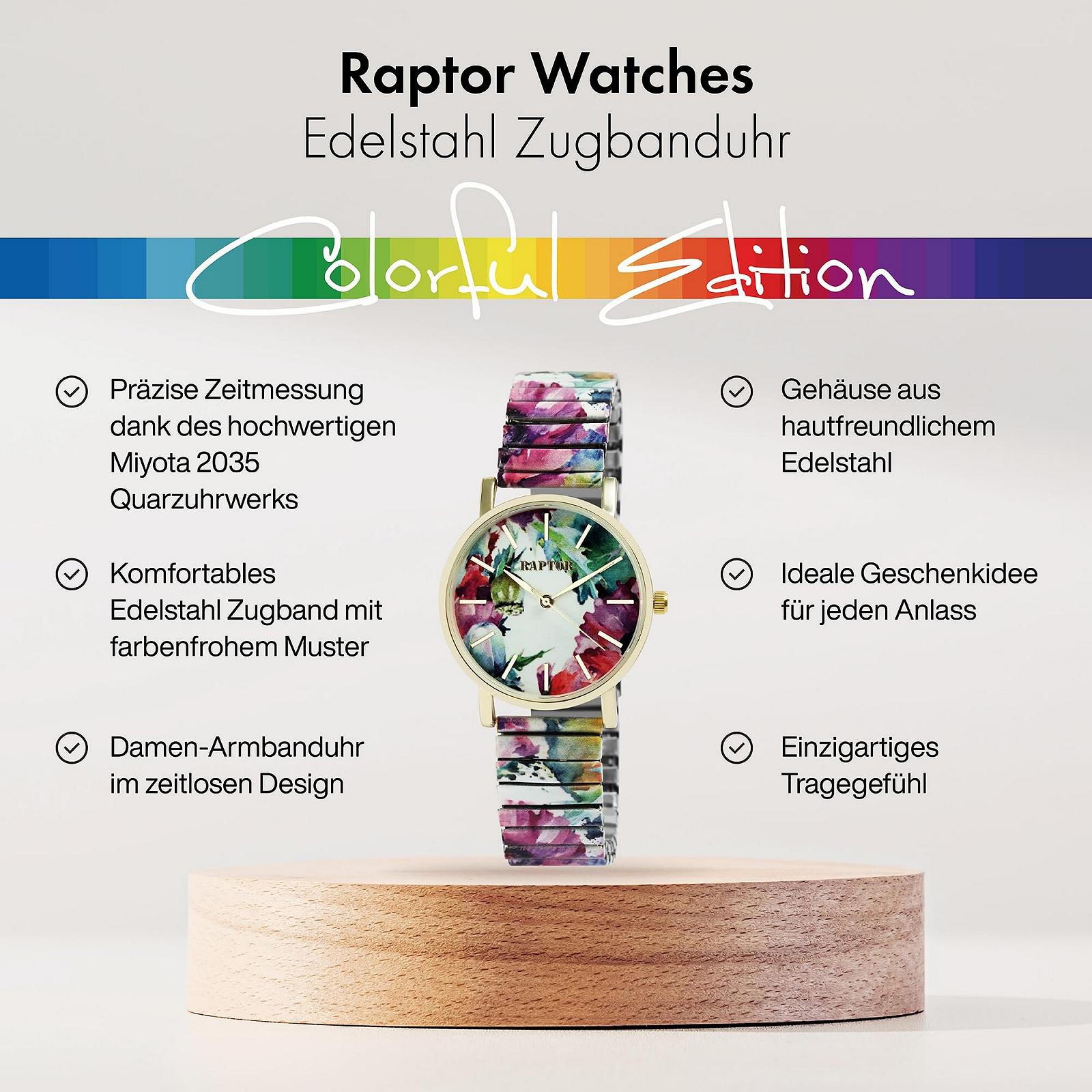 Женские часы Raptor Colourful Edition, нержавеющая сталь, расширяемый браслет с мотивом, цветной принт, аналоговый кварц, фото №2 Женские часы Raptor Colourful Edition, нержавеющая сталь, расширяемый браслет с мотивом, цветной принт, аналоговый кварц, фото №2