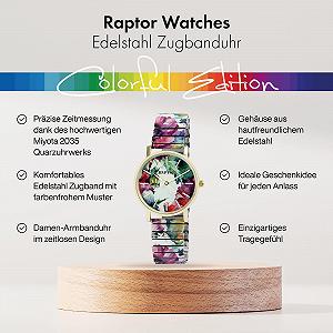Женские часы Raptor Colourful Edition, нержавеющая сталь, расширяемый браслет с мотивом, цветной принт, аналоговый кварц synthetic.ua - Фото 1