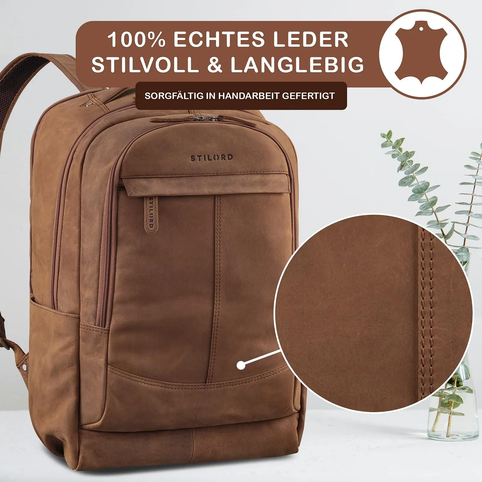 Бізнес-рюкзак STILORD Maxim Premium XL Maxim Leather Vintage 17 to 19 Inch Large Black, Tan - dark brown, фото №5