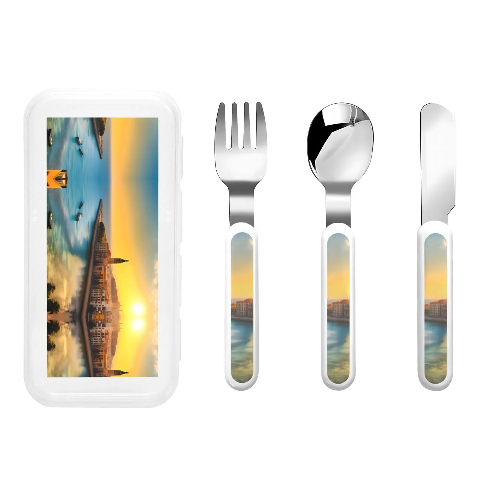 Набір дитячих столових приборів з принтом Захід сонця в Барселоні, 3 предмети, фото №1 Набір дитячих столових приборів з принтом Захід сонця в Барселоні, 3 предмети, фото №1