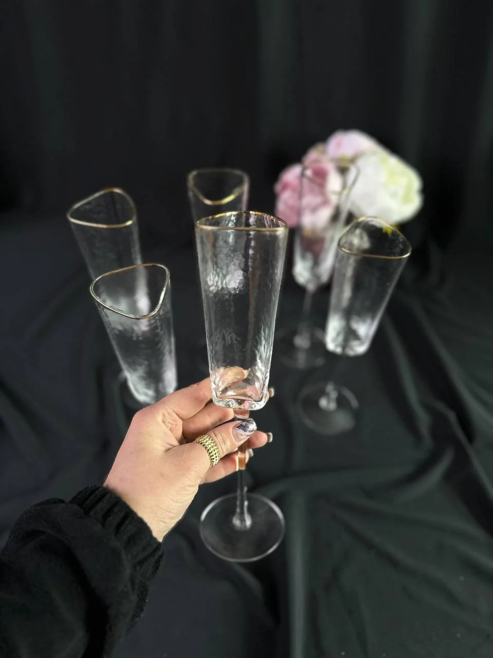 Бокали для шампанского 6 шт з золотою оконтовкою. Крижане скло, фото №3