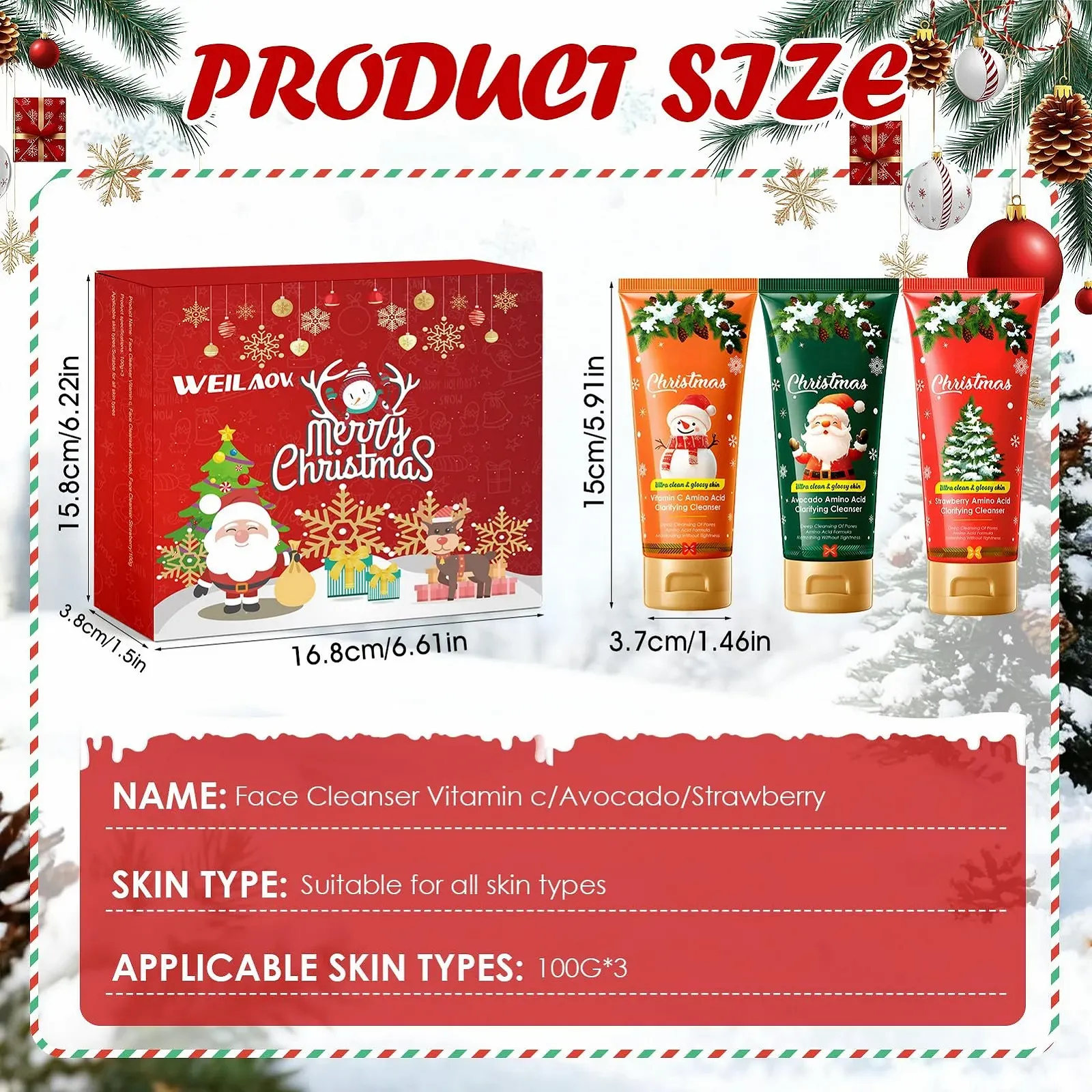 Очищающее средство для лица Рождество Набор для умывания для женщин Рождественские подарки для женщин Очищающее средство для лица Рождественский подарок для мамы Девушки Коллег Мягкое очищение Витамин С Авокадо Клубника Набор из 3 штук, фото №7
