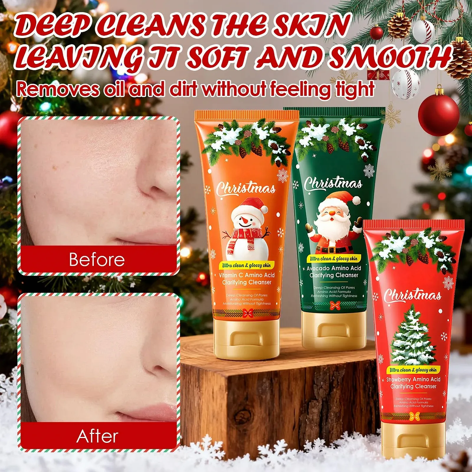 Очищающее средство для лица Рождество Набор для умывания для женщин Рождественские подарки для женщин Очищающее средство для лица Рождественский подарок для мамы Девушки Коллег Мягкое очищение Витамин С Авокадо Клубника Набор из 3 штук, фото №4