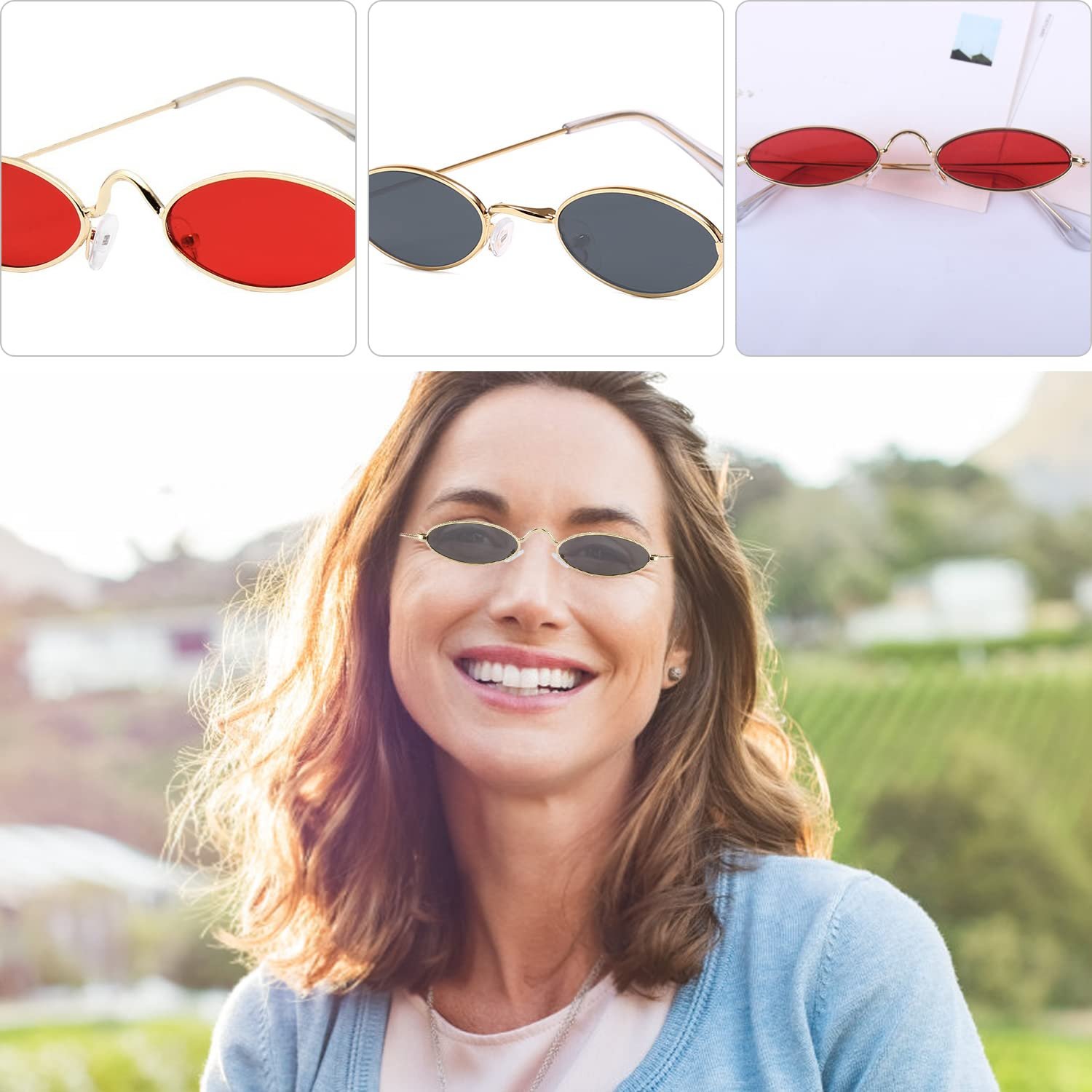 Сонцезахисні окуляри Ретро Хіпі Овальні в металевій оправі Сірий, Червоний, фото №4