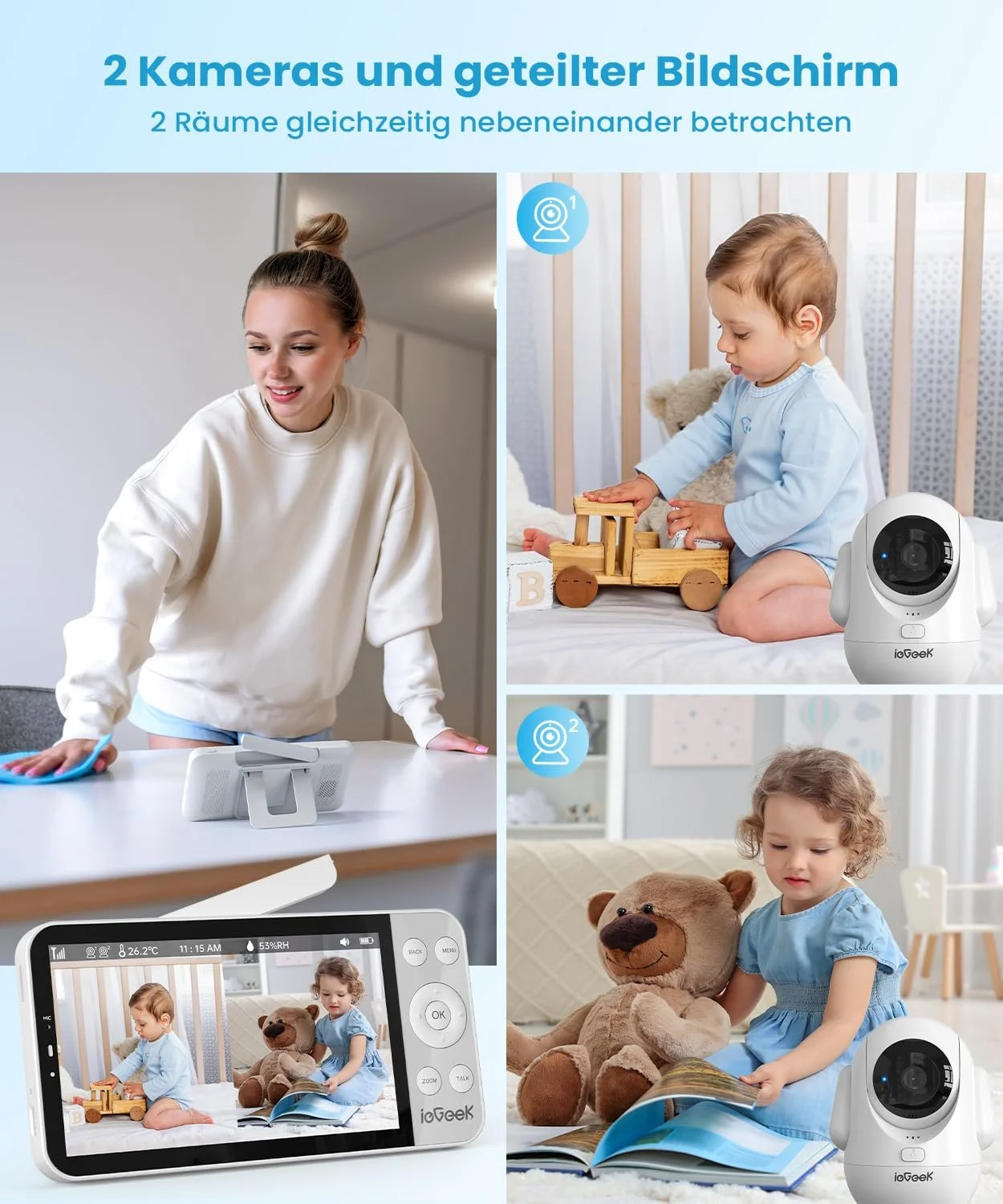 Відеоняня ieGeek 2.5 K/4MP 5.5 дюйма WiFi PTZ 360°/100° AI Detection, фото №2