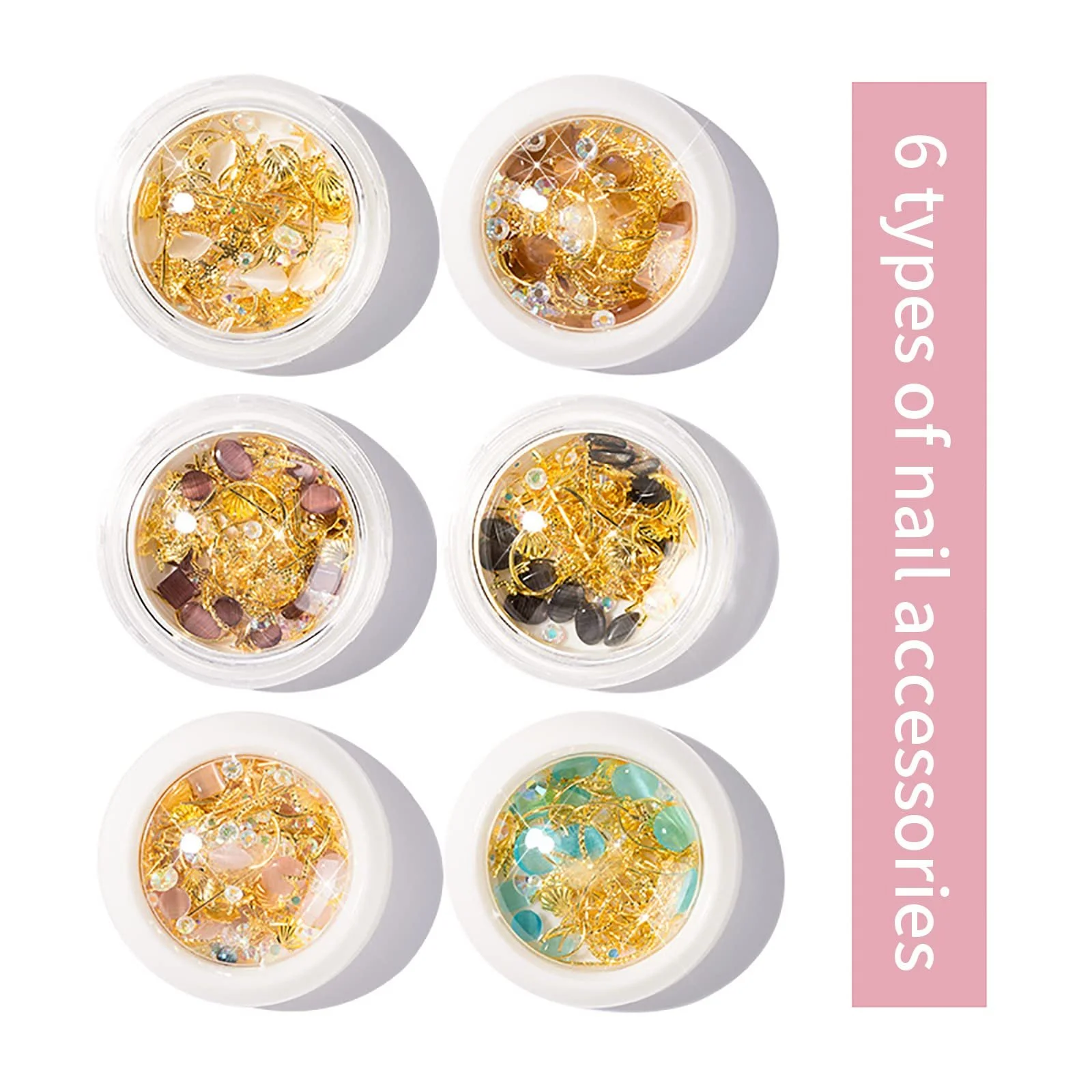 Стрази для нігтів з коробкою для зберігання, різні форми, котяче око, мікс, золото, 4, фото №2