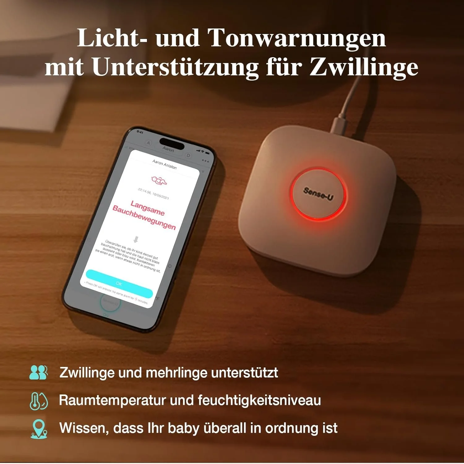 Детский монитор Sense-U Baby Monitor 3 Wi-Fi Bluetooth Детский монитор контролирует движения ребенка положения во время сна и воспринятую температуру с любого места с помощью световых и звуковых сигналов тревоги., фото №6