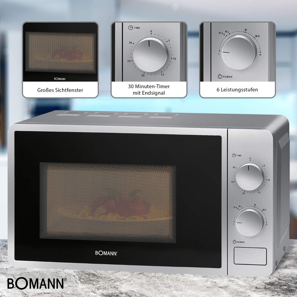 Микроволновая печь Bomann MW 6014 CB 700 Вт 6 уровней Рабочая камера 20 л Поворотный стол 360° Таймер с сигналом окончания Серебристая, фото №6