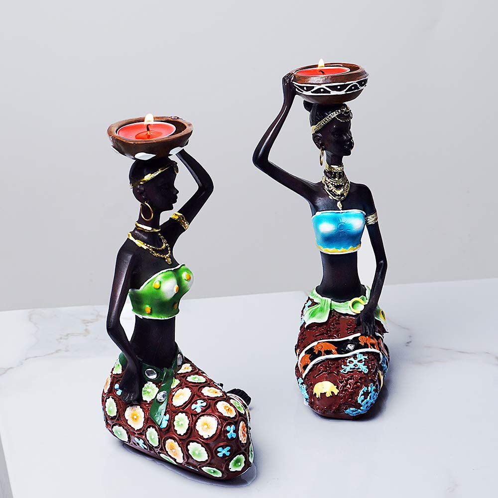 Подсвечник HYFAN African Style Statue Black Woman Украшение Винтажная скульптура Ретро фигуры Ручная работа (Черный, 2 шт.), фото №4