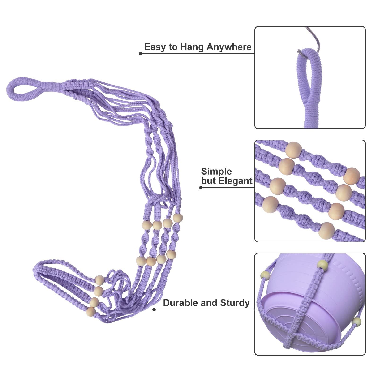 Підвісний тримач для рослин макраме з горщиком набір із 3 штук бавовняна мотузка Purple, фото №3