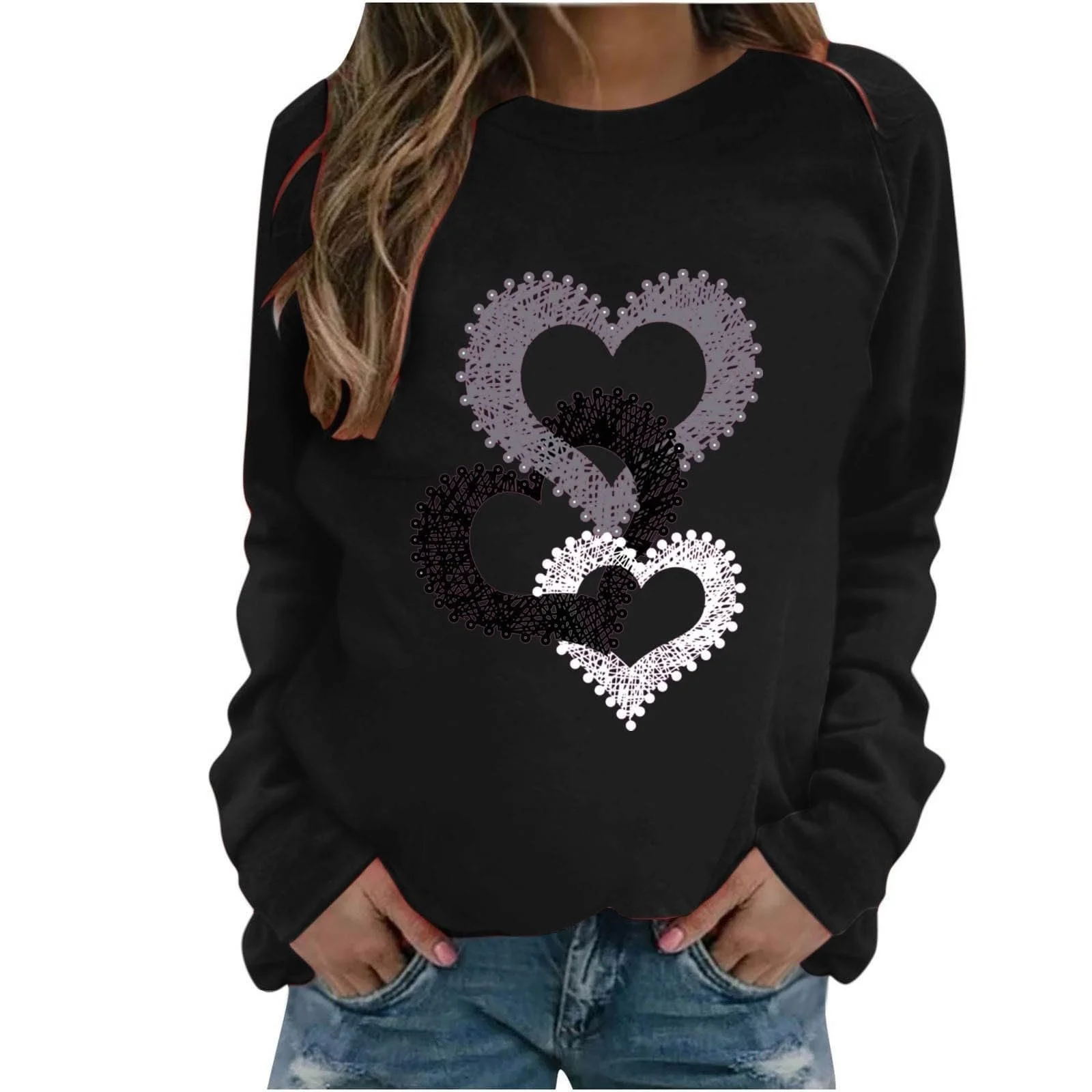Повседневная Женская Толстовка ко Дню Святого Валентина, Топ, Лонгслив, Милая Рубашка с Сердцем, Повседневный Свободный Крой, Праздничная Модная Блузка, фото №1