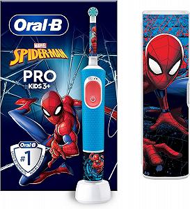 Електрична зубна щітка Oral-B Pro Kids Spiderman з режимом Sensitiv+, екстра м'якою щетиною, 1 насадкою, 1 дорожнім футляром, 4 наліпками, синьо-червона - Фото 1