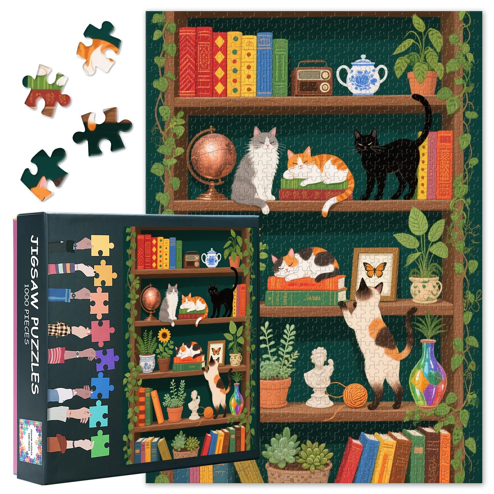 Пазл 1000 деталей Книжкова полиця з котами та рослинами 50 x 70 см, фото №1