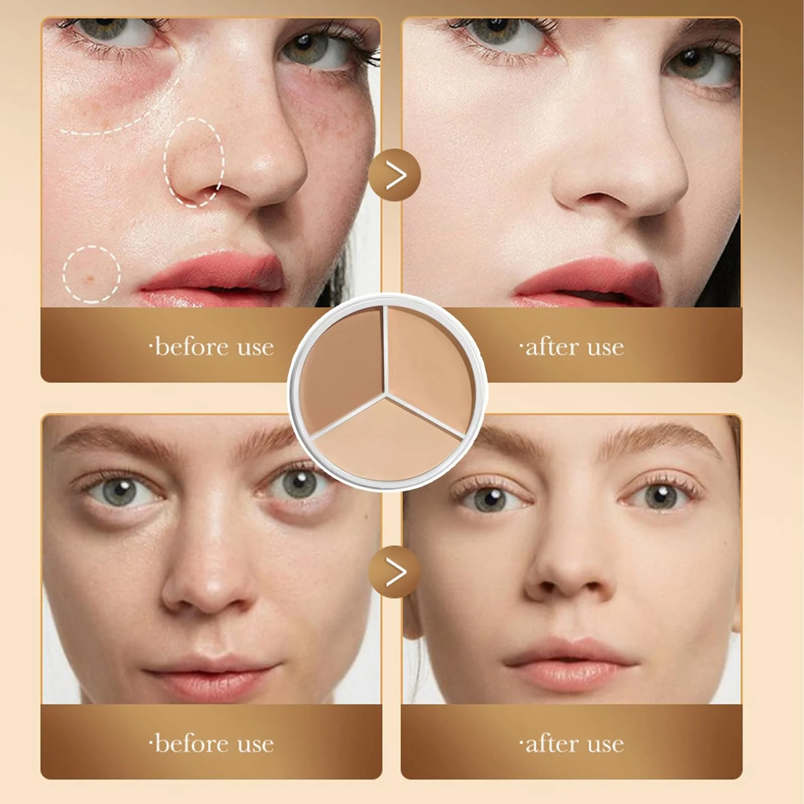 Палетка консилеров 3 цвета, корректирующий консилер 3 в 1 для макияжа, чтобы скрыть тени и пятна, корректирует и маскирует темные круги и пятна, с кистью, фото №7