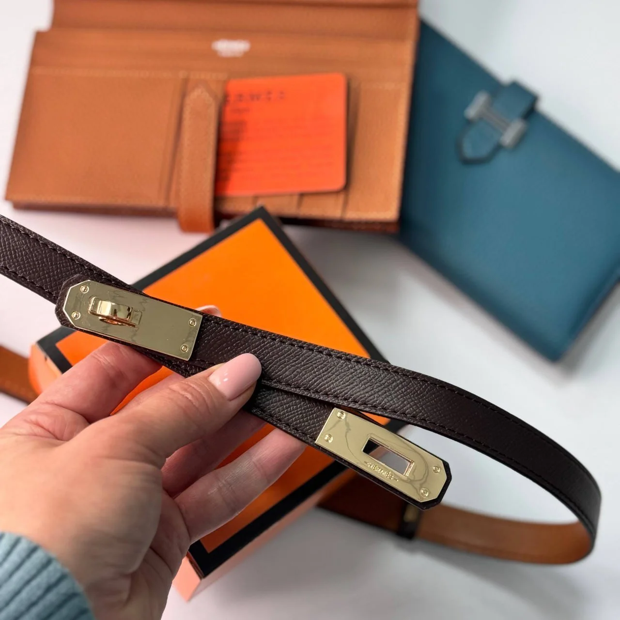 Ремінь жіночий темно коричневий шкіряний Hermes, фото №6