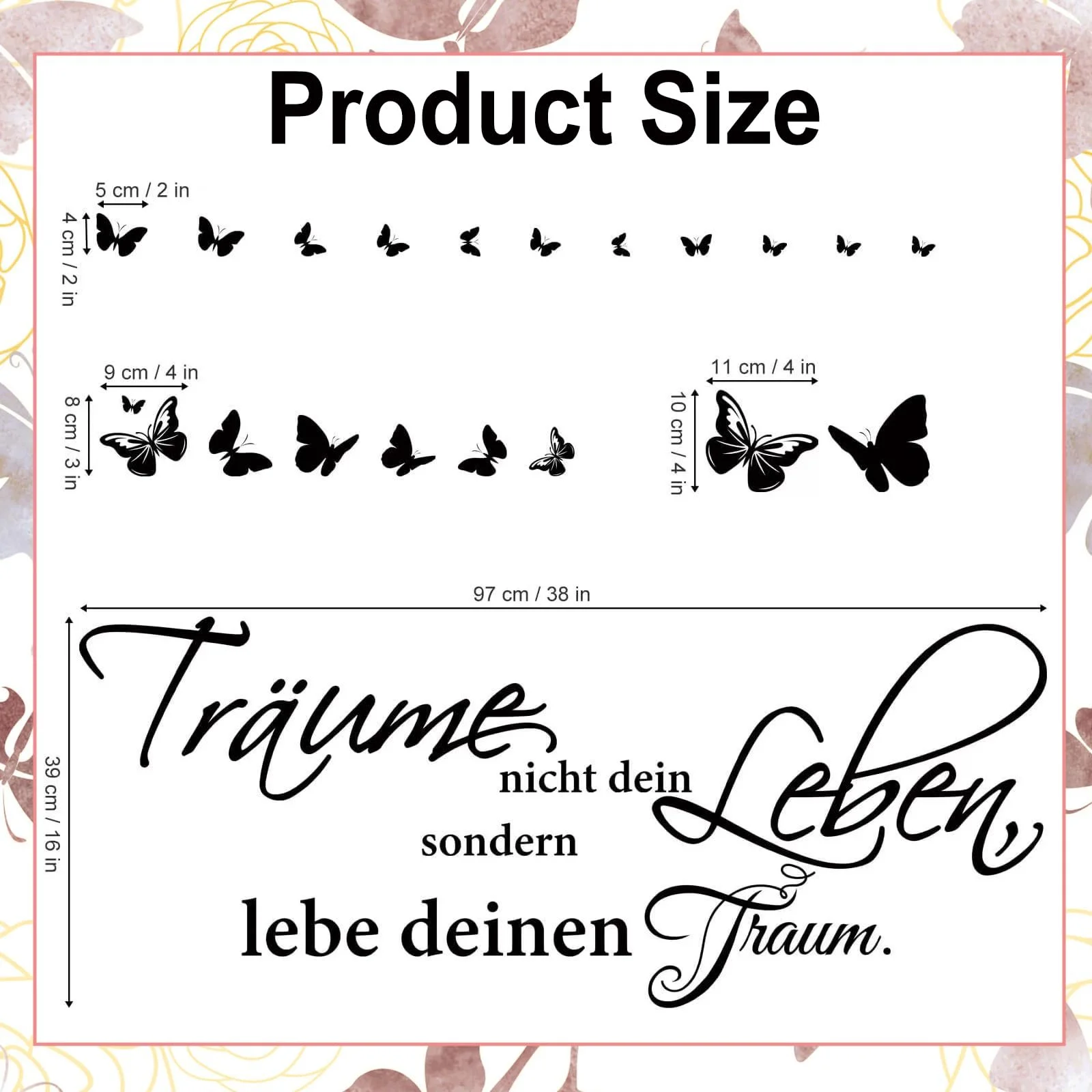 Наклейка на стіну Träume nicht dein Leben, sondern lebe deinen Traum з метеликами чорна, фото №3