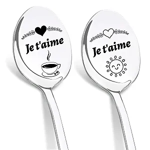 Ложка Je t'aime, 2 шт Ложка для кофе с гравировкой, Ложка для кофе из нержавеющей стали, Подарок на годовщину для нее и него, Рождественский подарок для женщины, Подарок для лучшей подруги - Фото 1