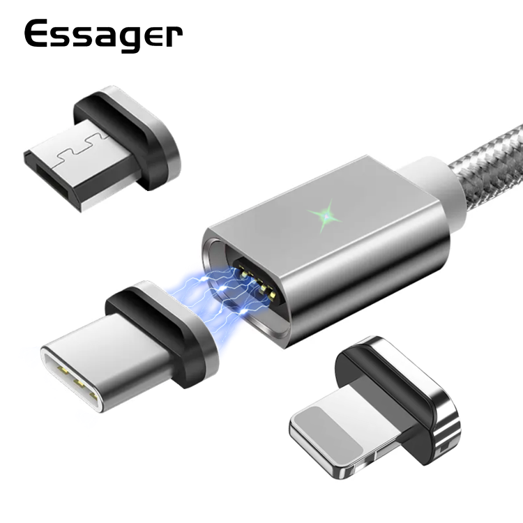 Магнитный кабель серый ESSAGER micro USB Type-C Lightning 2метр, фото №1