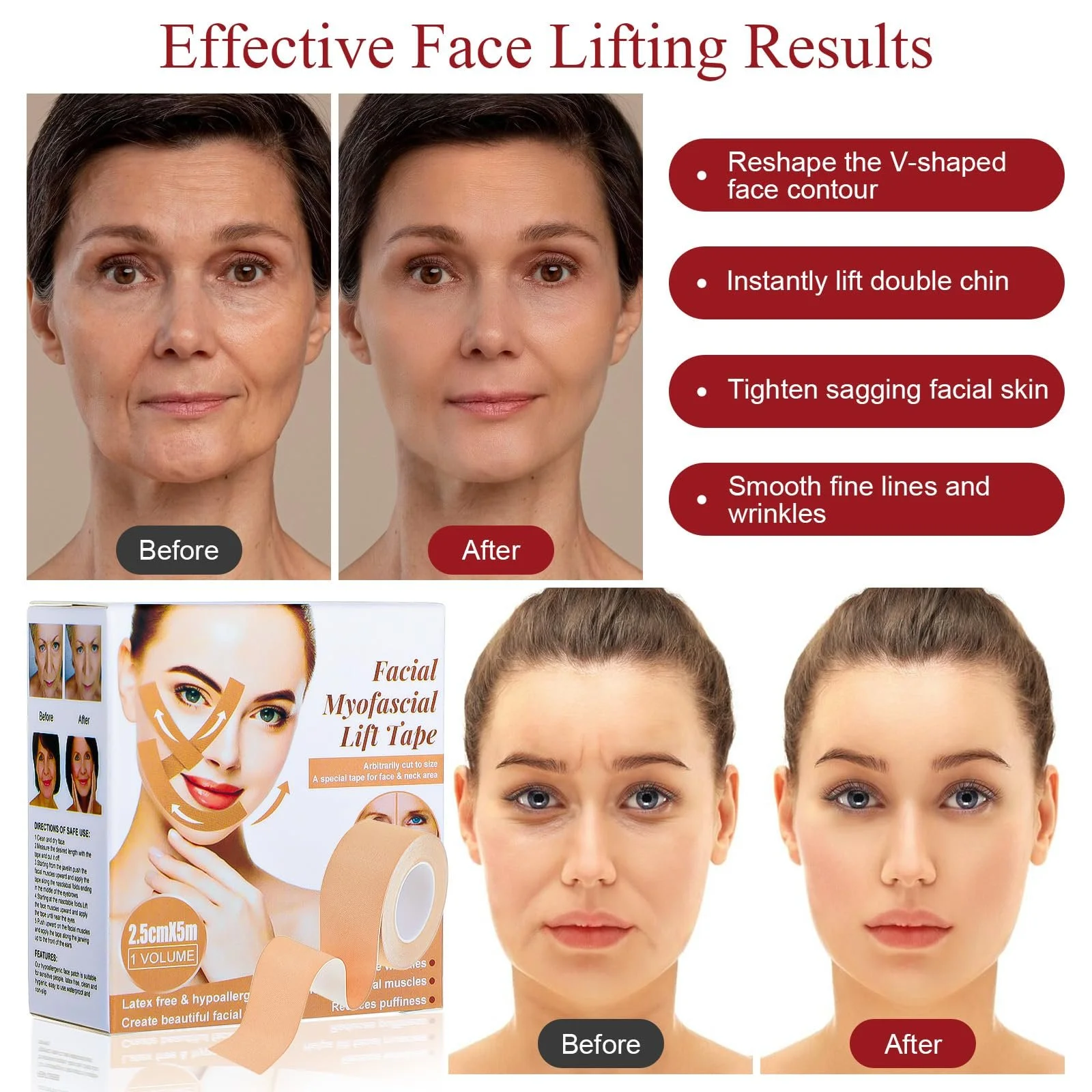 Тейп для лица 2 рулона 5 м x 2,5 см Тейп для подтяжки лица, фото №6