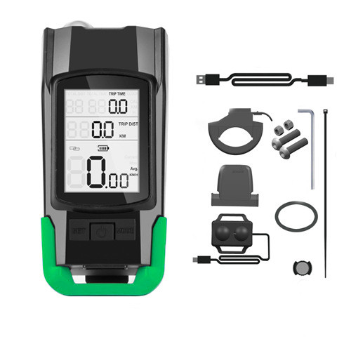 Велосипедный компьютер BK-1920 с вело фонарем 2 LED Т6 дальний-ближний и звонком green, фото №3